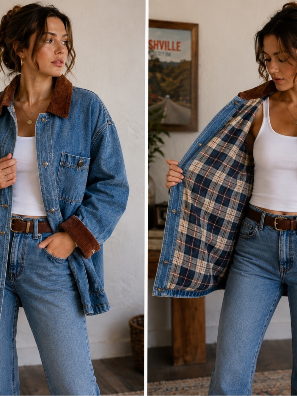 Vintage Denim Barn Jacket 2X Plaid Lined Corduroy Collar Oversized Chore Coat